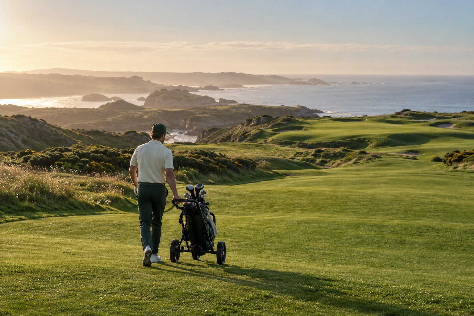 Golfer walking a coastal fairway with a push trolley